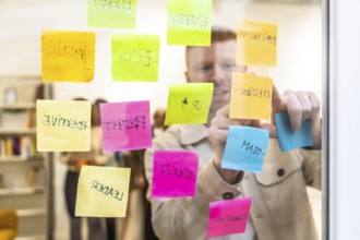Man in a modern office space arranging colorful sticky notes with various concepts and keywords on