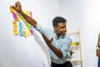 Young black man smiling and brainstorming, placing colorful sticky notes with business related
