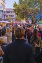 A crowd strolls through a street at dusk, lined with trees and lights, Fire Night, Sindelfingen,