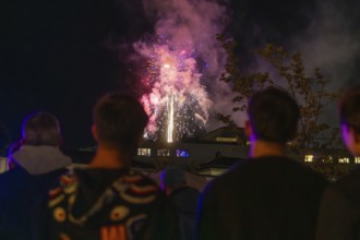 Group of people watching colourful fireworks at night, Fire Night, Sindelfingen, Germany
