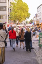 Many people stroll through a busy street at a city festival, trees and colourful clothes