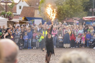 A fire dancer gives an impressive performance in front of an enthusiastic crowd, Feuernacht,