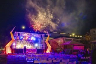 Nocturnal open-air event with stage lighting and fireworks, Fire Night, Sindelfingen, Germany