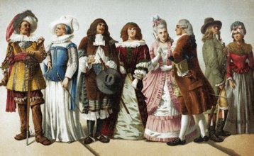 17th and 18th century clothing, couples wearing costumes, historical book illustration, colour