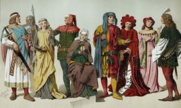 Medieval clothing from the 11th to the 15th century, couples wearing costumes, historical book
