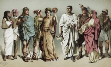 Clothing of the Egyptians, Greeks and Romans, couples wearing antique costumes, historical book