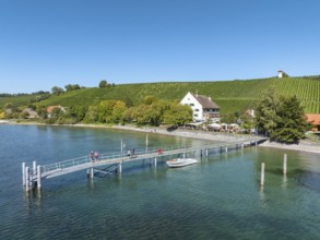 Aerial view of the jetty at the historic Rebgut Haltnau with catering business, outdoor catering