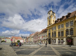 Old town centre and town hall in Baroque style, protected cultural monument, Roland Fountain,