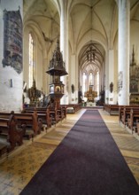 Historic Catholic parish church of St. Nicholas and Elisabeth with the pulpit, interior, interior,