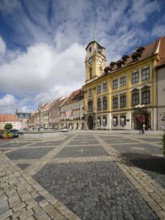 Old town centre and town hall in Baroque style, protected cultural monument, Roland Fountain,