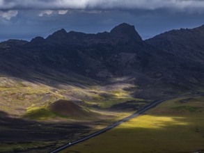 Volcanic landscape, mountains, cloudy, aerial view, summer, road, Reykjanes, Iceland