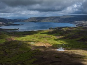 Volcanic landscape, mountains, cloudy, aerial view, summer, lake, hot springs, Krysuvik geothermal