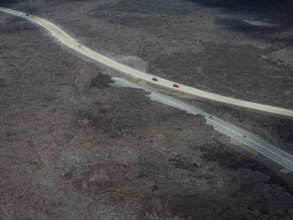 Lava, lava field, road, destroyed, summer, cloudy, sunny, aerial view, Blue Lagoon, Sundhnúkur
