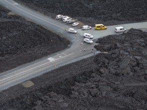 Lava, lava field, road, destroyed, summer, cloudy, sunny, aerial view, tourists, Blue Lagoon,