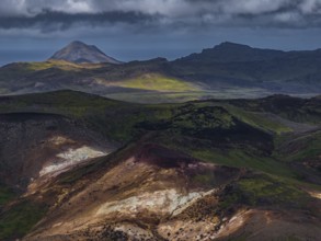 Volcanic landscape, mountains, cloudy, aerial view, summer, hot springs, Krysuvik geothermal area,