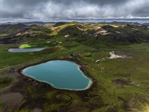 Lake, volcanic crater, volcanic landscape, mountains, cloudy, aerial view, summer, Graenavatn,