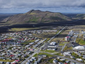 Lava, lava field, village, houses, summer, cloudy, sunny, aerial view Grindavik, Sundhnúkur crater