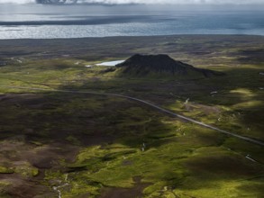 Volcanic landscape, mountains, cloudy, aerial view, summer, road, sea, coast, Reykjanes, Iceland