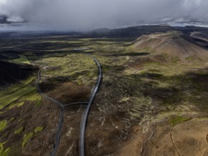 Road, volcanic landscape, mountains, summer, cloudy, sunny, aerial view, Fagradalsfjall, Reykjanes,