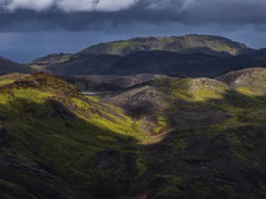 Volcanic landscape, mountains, cloudy, aerial view, summer, Reykjanes, Iceland