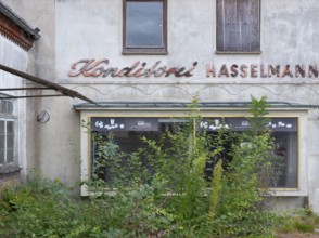 View of an overgrown shop window of an abandoned bakery, Barrien, Syke, Diepholz, Lower Saxony