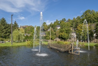 Rompré city park and ruined medieval castle in the town La Roche-en-Ardenne in summer, province of