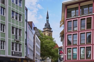 Church tower of the collegiate church Stuttgart, city centre, general architecture, trees, blue