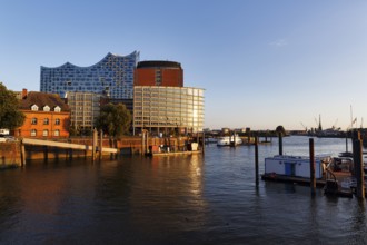 View of the Elbphilharmonie and HafenCity Gate office block from the Niederbaumbrücke bridge,