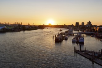 Hamburg harbour, view from the Elbphilharmonie over the Elbe at sunset, jetty, cranes of the