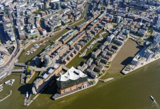 Europe, Germany, Hamburg, aerial view, from, above, water, sunny, Speicherstadt, Hafencity, Elbe,