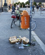 Urban rubbish, food waste at a wastepaper basket at the Bode Museum, Berlin, Germany