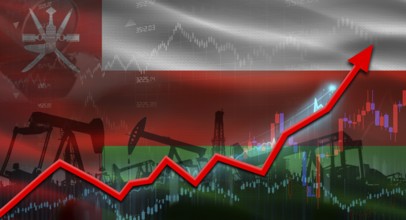 Oil pumps with Oman flag. Oil production with Oman flag, petrol industry