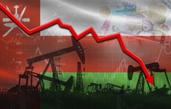 Petrol crisis with Oman flag on financial graph. Fall oil price with flag of Oman on economic chart