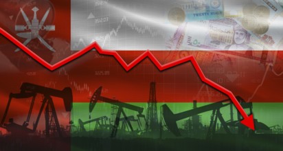 Fall oil price with flag of Oman on economic chart, Petrol crisis with Oman flag on financial graph