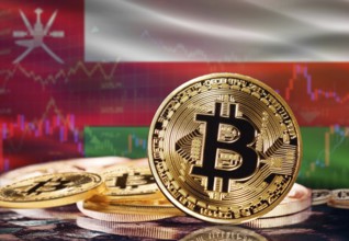Bitcoin with Oman flag in the background. Investors in cryptocurrency and Blockchain Technology in