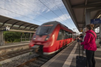 Regional train arriving at Nuremberg Central Station, Nuremberg, Middle Franconia, Bavaria, Germany