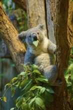 A koala with a leaf in its mouth sitting on a tree, koala (Phascolarctos cinereus), lives in