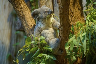 A koala sits comfortably on a tree and enjoys eucalyptus leaves, koala (Phascolarctos cinereus),