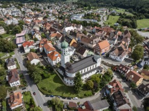 Aerial view of the town of Stockach with the church of St. Oswald in the upper town, historic town