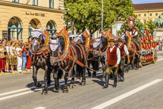 Splendid team of the Spaten brewery, traditional traditional costume and marksmen's procession,
