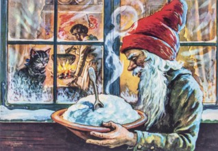Old Christmas greeting card. Santa Claus stands outside a window with a bowl of porridge. A cat