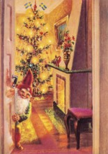 Old Christmas greeting card. A smiling Santa opens the door and invites you into a room with a