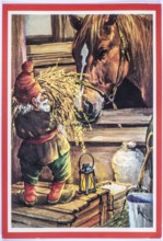 Old Christmas greeting card. Santa feeds horse in the stable