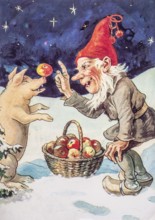 Old Christmas greeting card. Santa Claus having fun with a pig