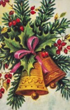 Old Christmas greeting card. Two bells tied together with green leaves and fir twigs