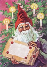 Old greeting Christmas card. Portrait of Santa Claus holding a Christmas present in front of a