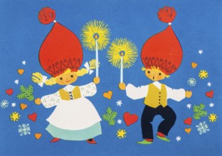 Old Christmas greeting card. Cartoon children with candles and red hats