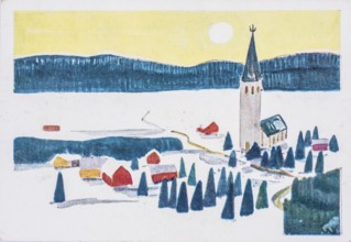 Old Christmas greeting card. Village with church in wintry landscape