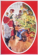 Old Christmas greeting card. Christmas in a Swedish home. Painting by Carl Larsson