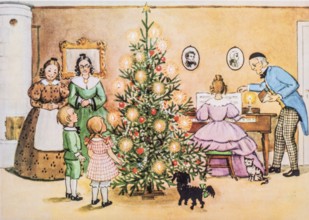Old Christmas greeting card. Christmas in a Swedish home in the 19th century. Painting by Elsa